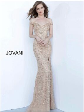 Jovani One-Shoulder Beaded Mermaid Gown in Champagne